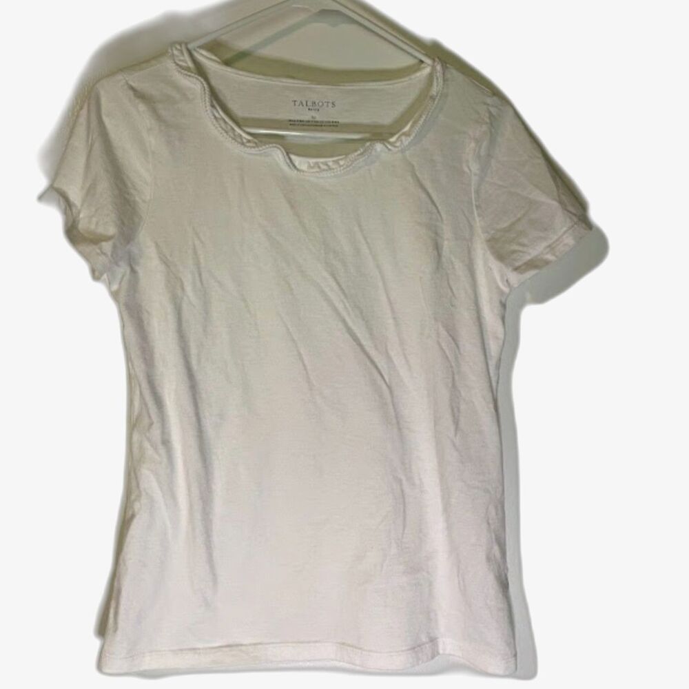 Talbots Fairycore Cottagecore White Tee Ruffle Round Neckline Pima Cotton SP